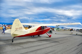 A vintage red and cream aircraft is parked on an airstrip. The scene is bustling with people walking around, possibly at an airshow or exhibition. Several other small aircraft are lined up in the background under a cloudy sky.