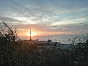 Coastal landscape with vibrant sunset over the ocean.
