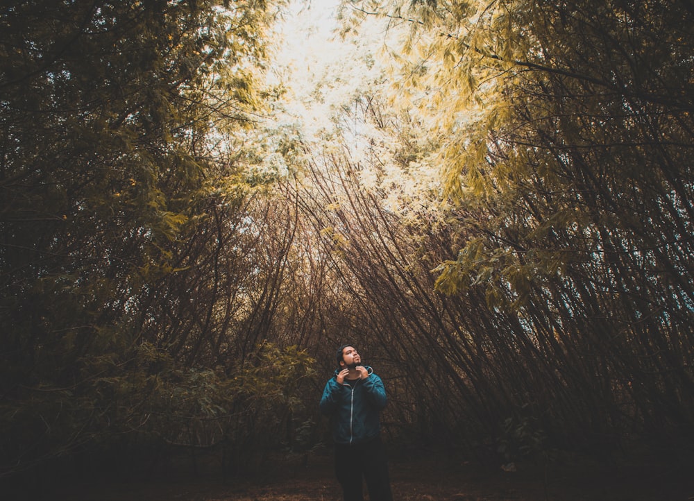 man standing under trees