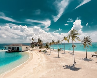 A stunning tropical beach scene with white sandy shores and turquoise waters. Palm trees sway gently in the breeze under a vibrant blue sky filled with fluffy clouds. A couple of beach huts can be seen along the sand, along with lounge chairs and a hammock. Small boats are visible on the water, adding to the idyllic setting.