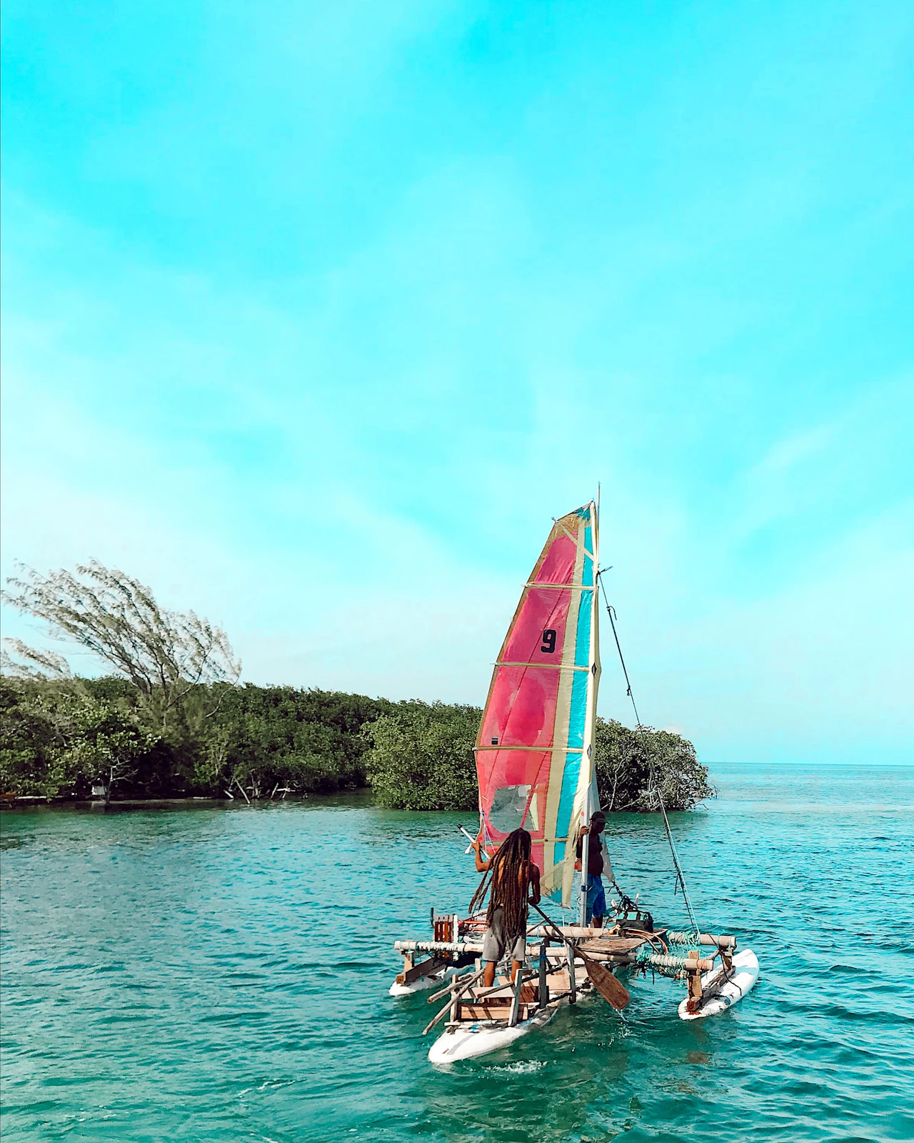 A small catamaran with a red and yellow sail carrying a few people across clear turquoise water, with mangroves behind.