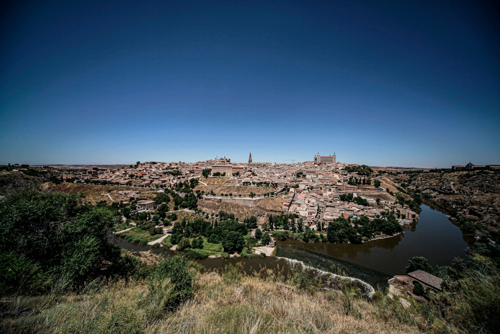 a view of a city with a river running through it