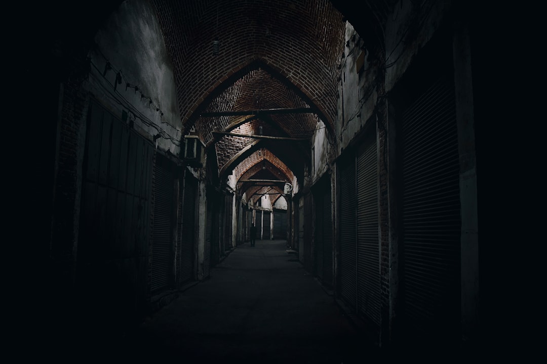 a dark hallway with a brick ceiling and arched doorways