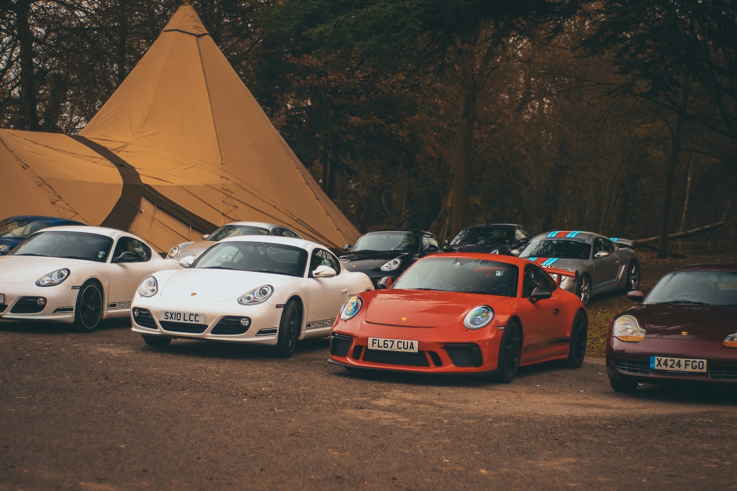 A lineup of Porsches