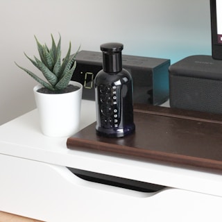 A sleek black perfume bottle is placed on a wooden surface beside a small potted plant with succulent leaves in a white pot. An electronic device with a digital display and a speaker are positioned in the background.