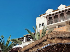 A scenic view of a Mediterranean-style building with white and terracotta colors, featuring arched windows and a thatched roof. Tall palm trees are in the foreground against a bright blue sky.