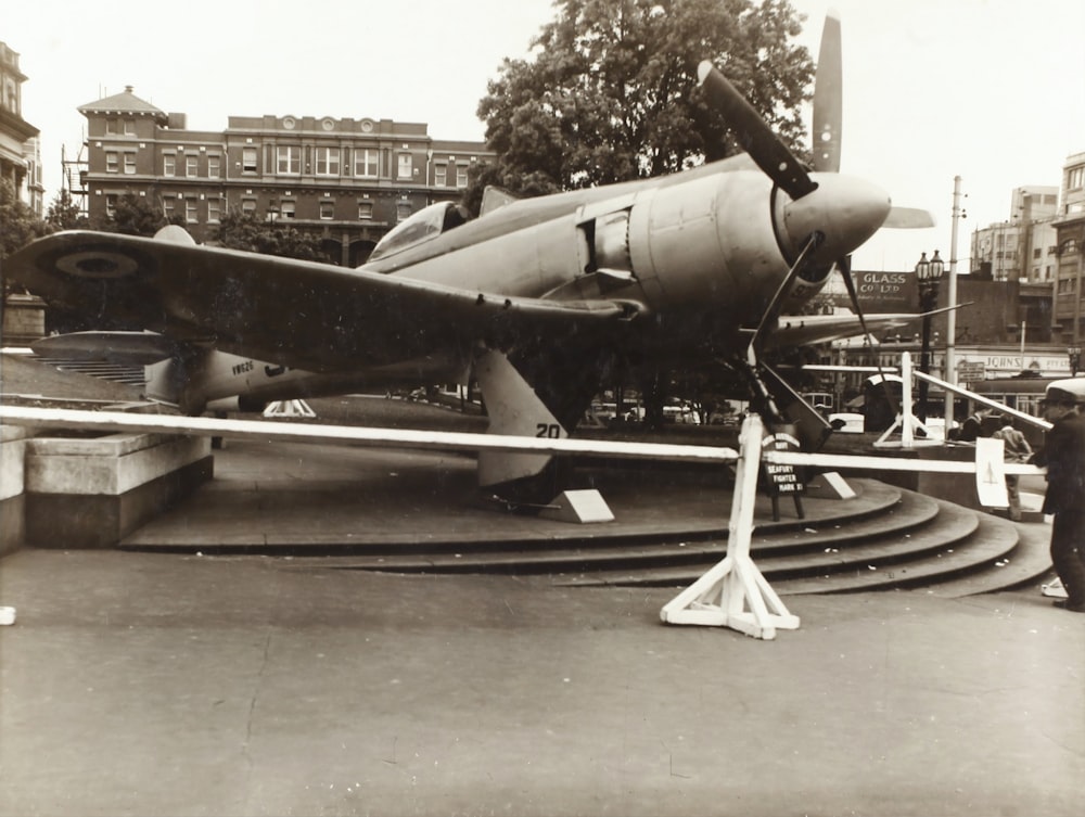 grayscale photo of biplane