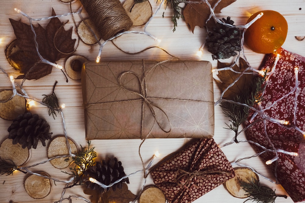 brown paper packed gift on table