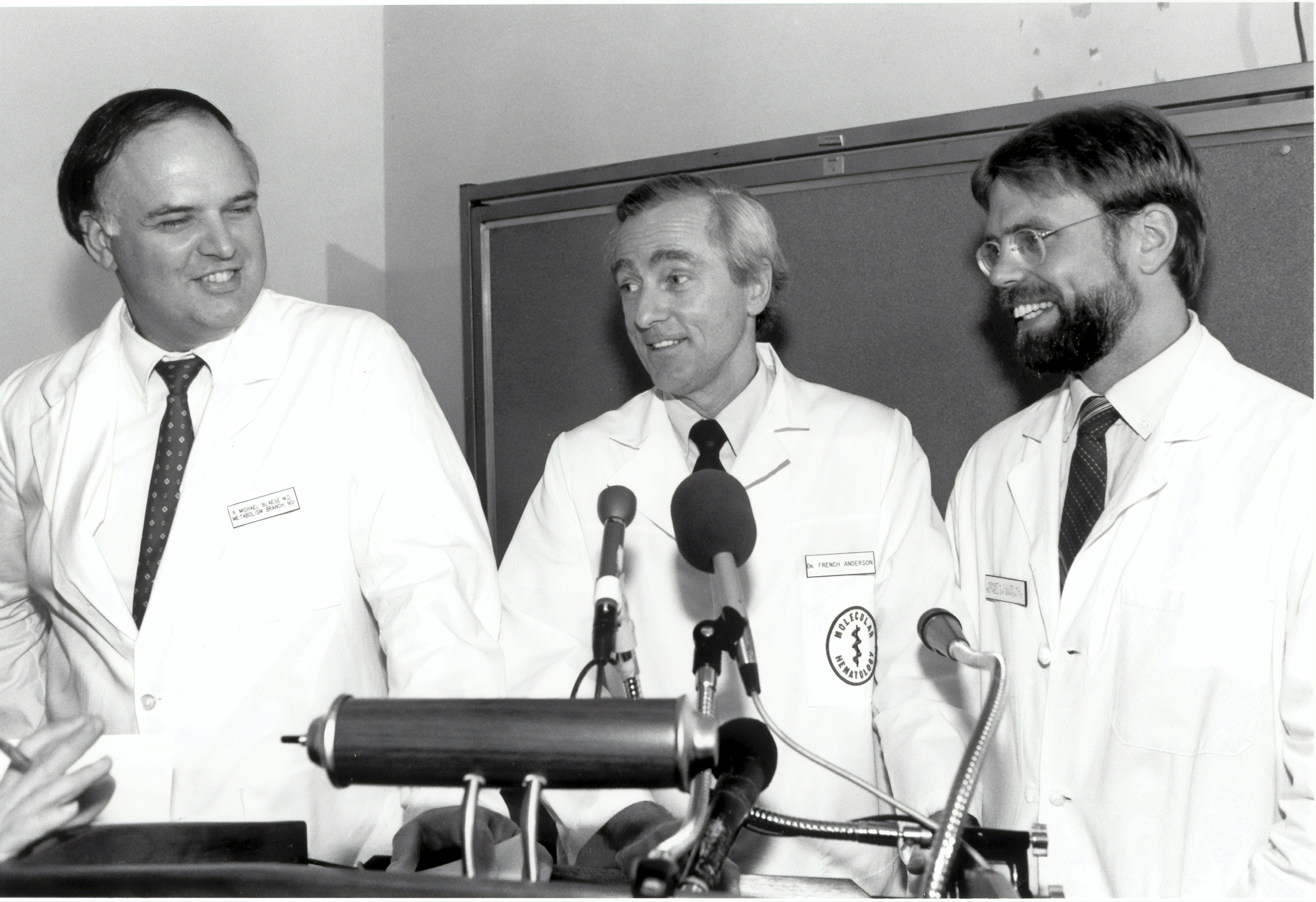 The Gene Therapy press conference held on September 13, 1990. From left to right: R. Michael Blaese, M.D., W. French Anderson, M.D., and Kenneth Culver,. M.D. 1990