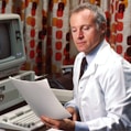 man reading papers in front of computer