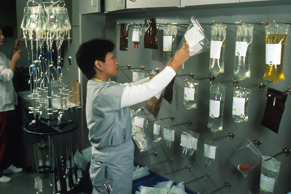 Pharmaceutical production facility with sterile manufacturing equipment and IV fluid preparation