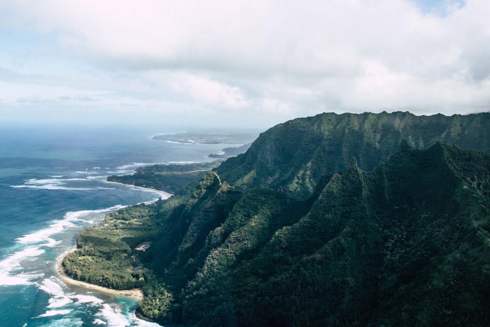 Fotografía aérea de una montaña verde junto al mar