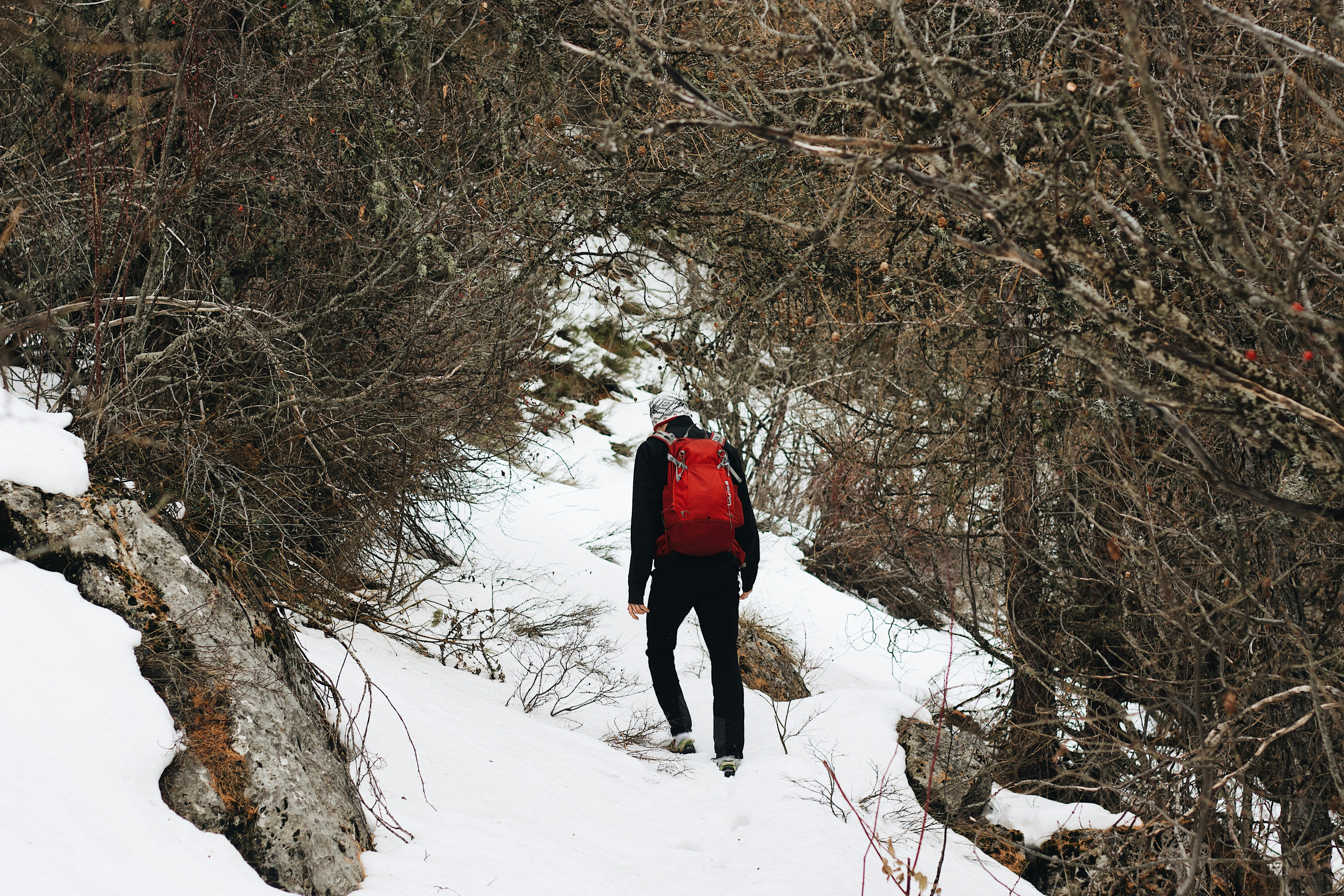 person wearing black jacket with backpack walking on snowy field