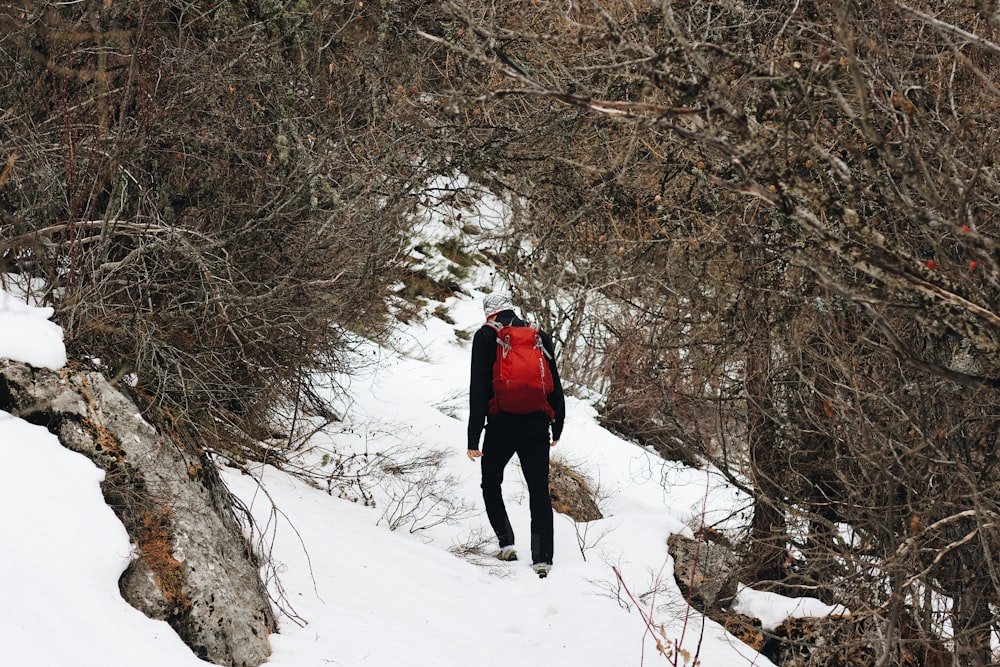 person wearing black jacket with backpack walking on snowy field