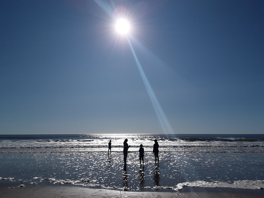 Photographie de silhouette de quatre personnes debout sur le rivage pendant la journée