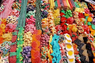 A vibrant assortment of gummy candies in various shapes and colors.