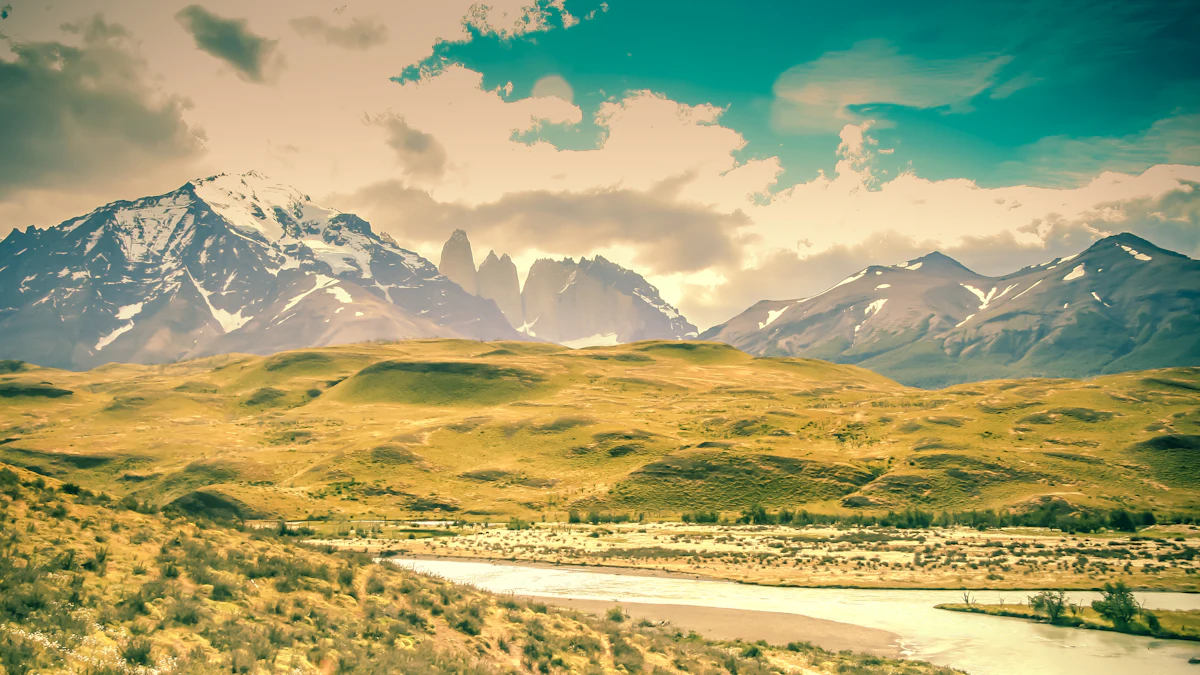 Golden grassland and a braided river below the Paine massif