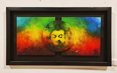 Close-up of a symbolic semi-abstract portrait print with deep, calming colors.