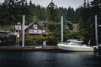 A serene lakeside property with a wooden dock and small boat.