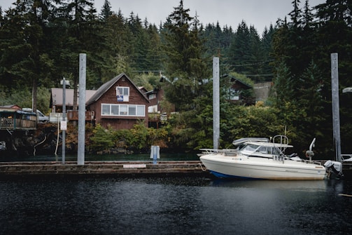 A serene lakeside property with a wooden dock and small boat.