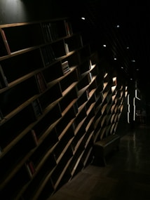 A dimly lit hallway featuring a modern, geometric wooden bookshelf with a few scattered books. The shelves create a repetitive pattern that extends along the wall. A bench is positioned nearby, and soft lighting highlights the architectural design, casting shadows that accentuate the lines and angles.