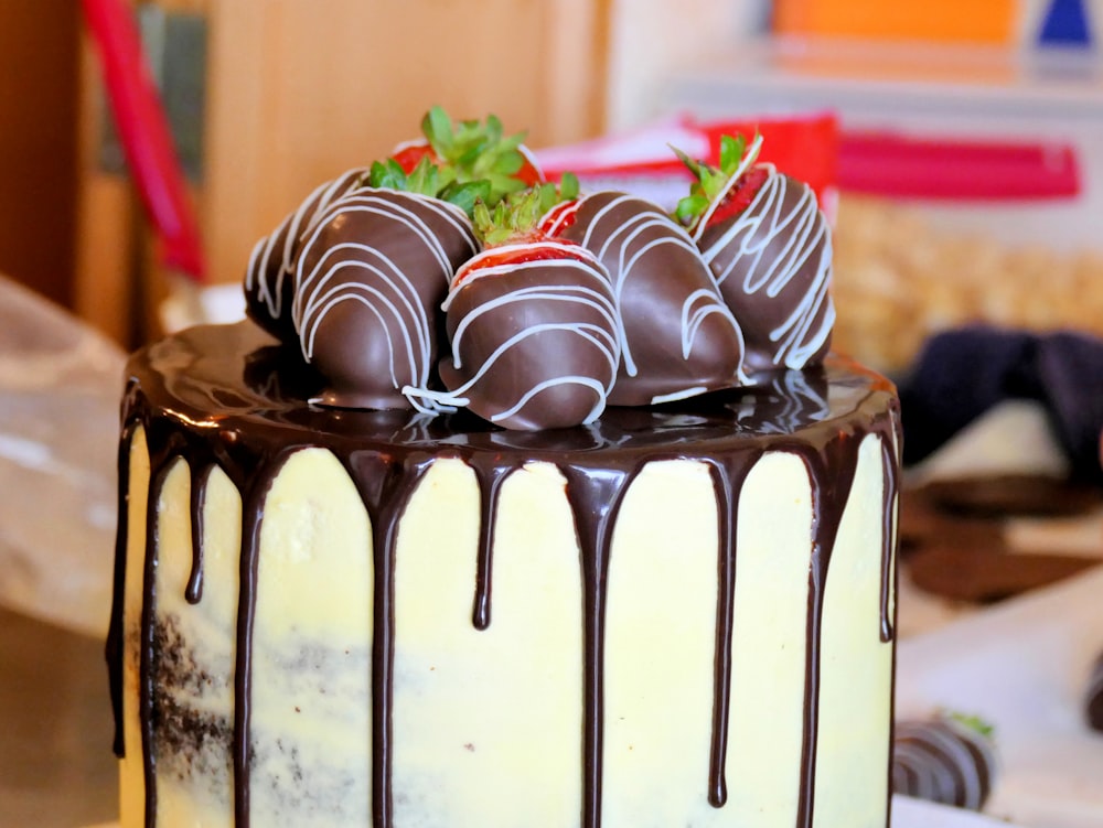 selective focus photography of chocolate ball toppings cake