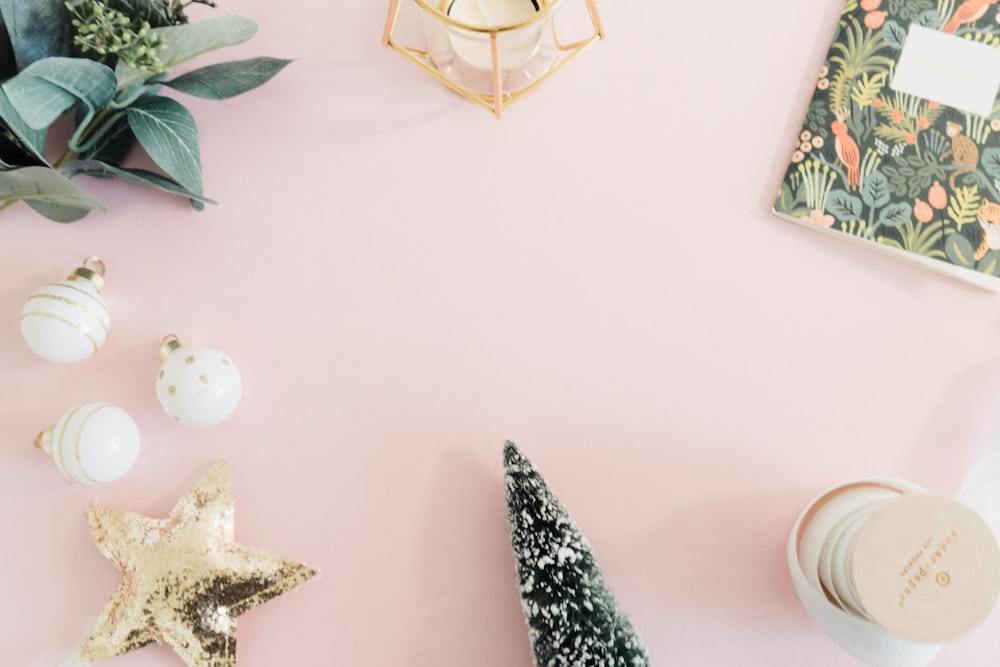 flatlay photography of Christmas ornaments