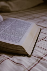 An open book lies on a plaid-patterned fabric surface, with visible text in a serif font. The soft lighting and focus on the pages create a calm atmosphere.
