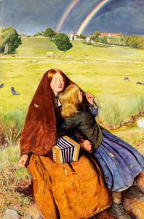 Two young girls are seated in a pastoral landscape, with one girl resting her head on the other who is holding a book. The scene is set in a vibrant green meadow filled with grazing animals and birds, and in the distance, there is a village against a dramatic sky with a vivid double rainbow.