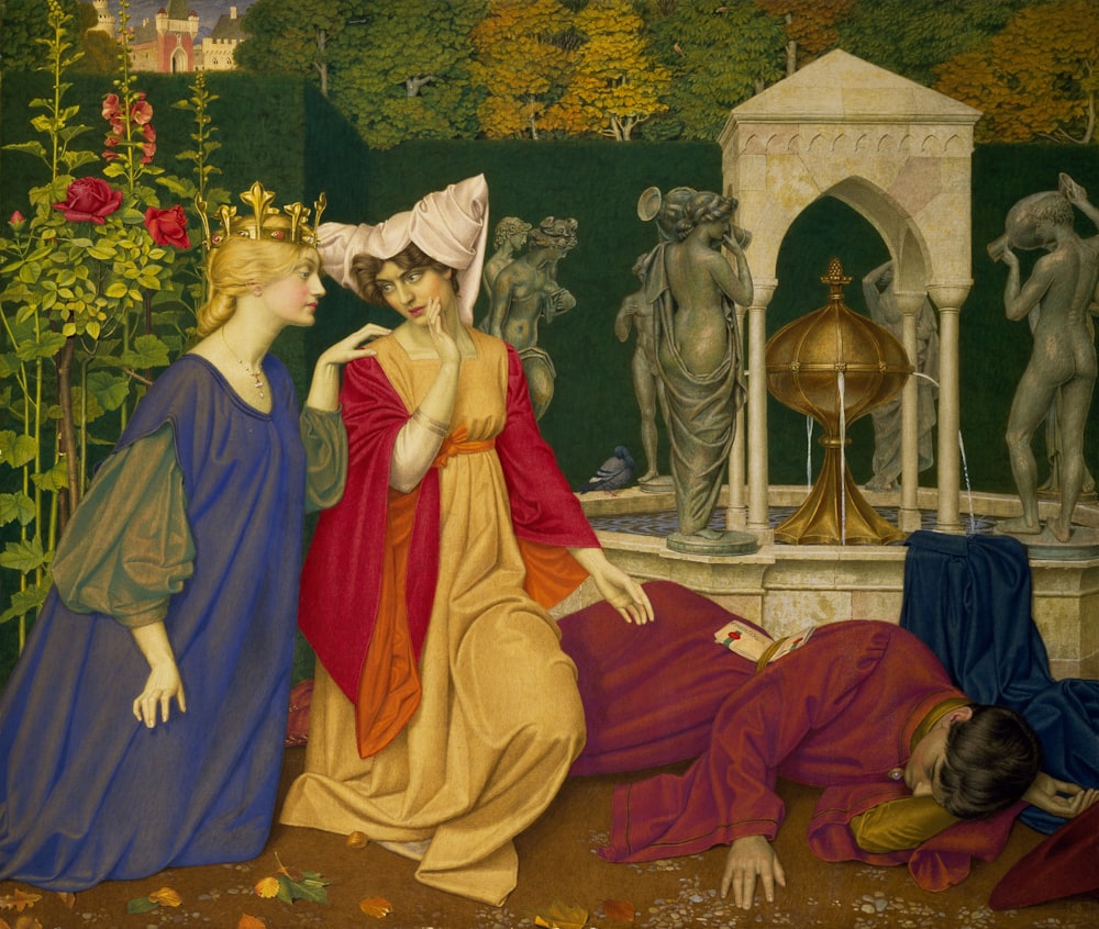 Königin und Frau knien neben schlafendem Mann Gemälde