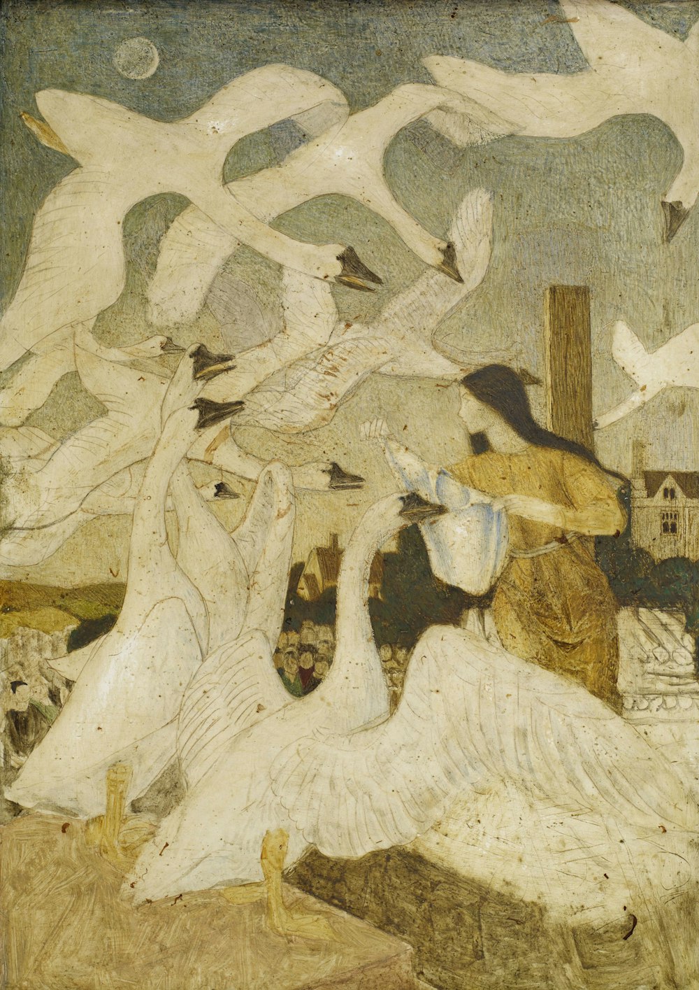 Pintura de mujer y cisnes blancos