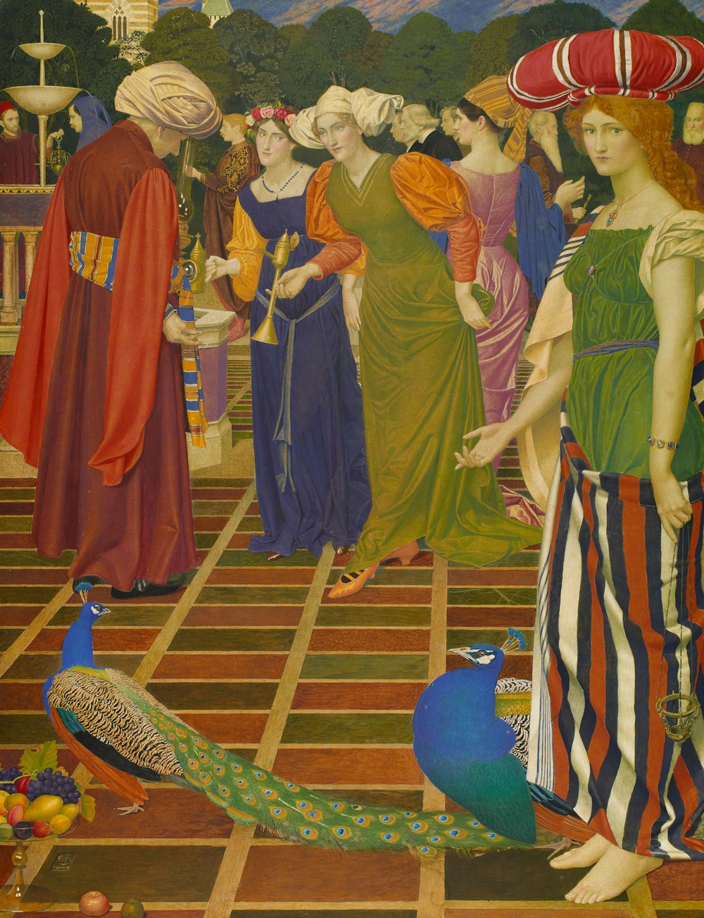 Una pintura de un grupo de personas de pie alrededor de un pavo real