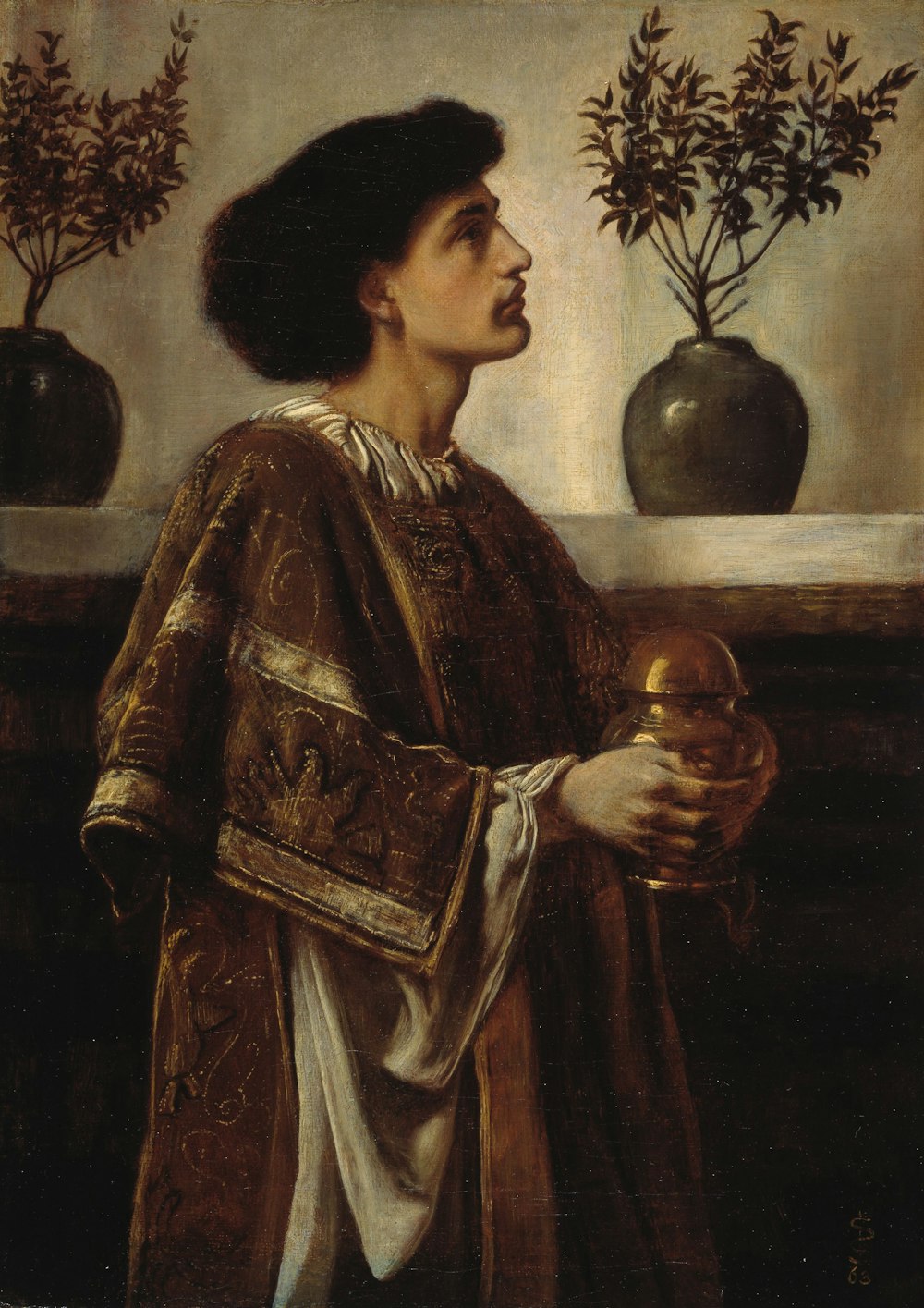 man holding urn painting