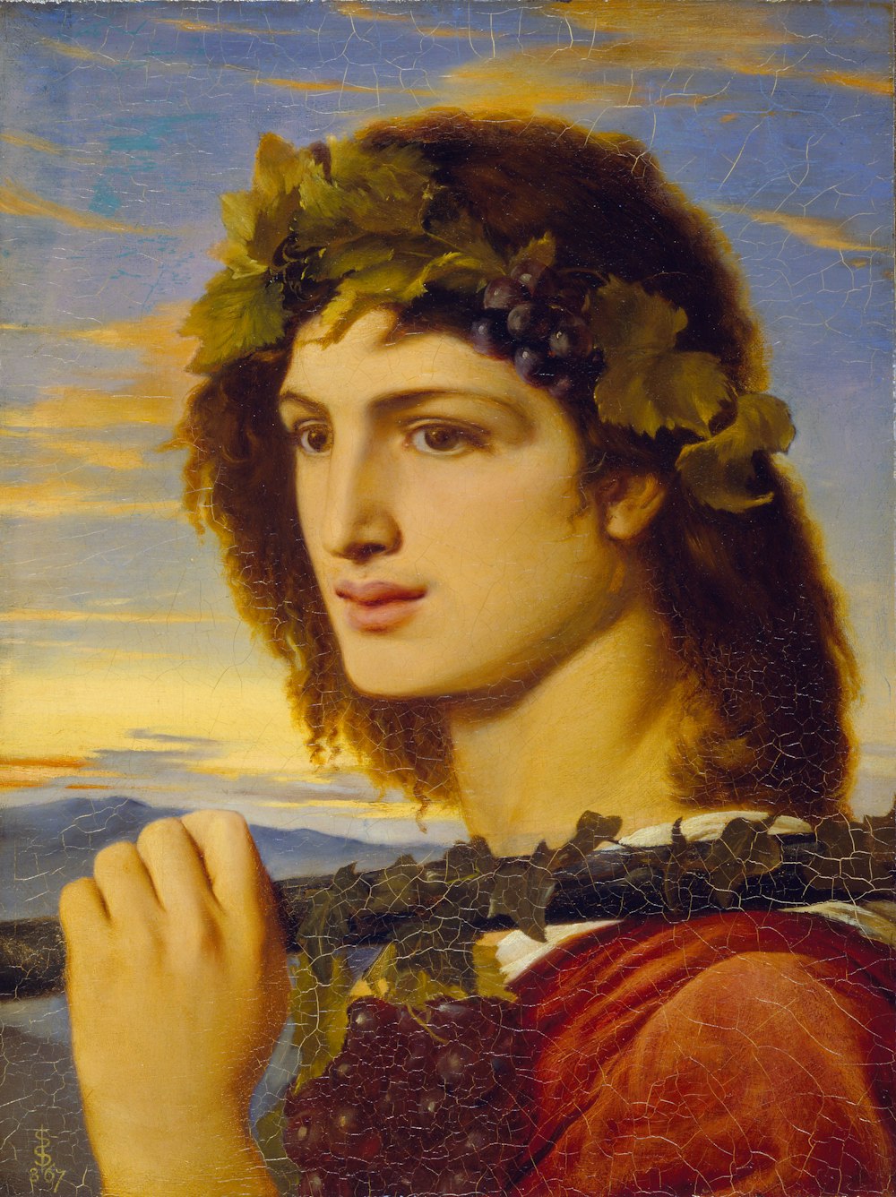 uma pintura de uma mulher com uma coroa de uvas na cabeça
