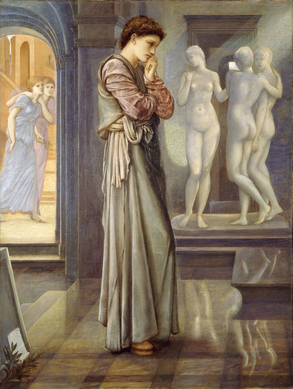 woman standing beside statues painting