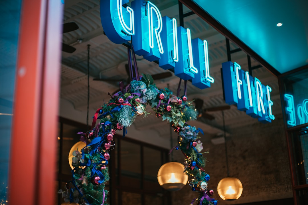 Grill Fire restaurant with multicolored Christmas decorations