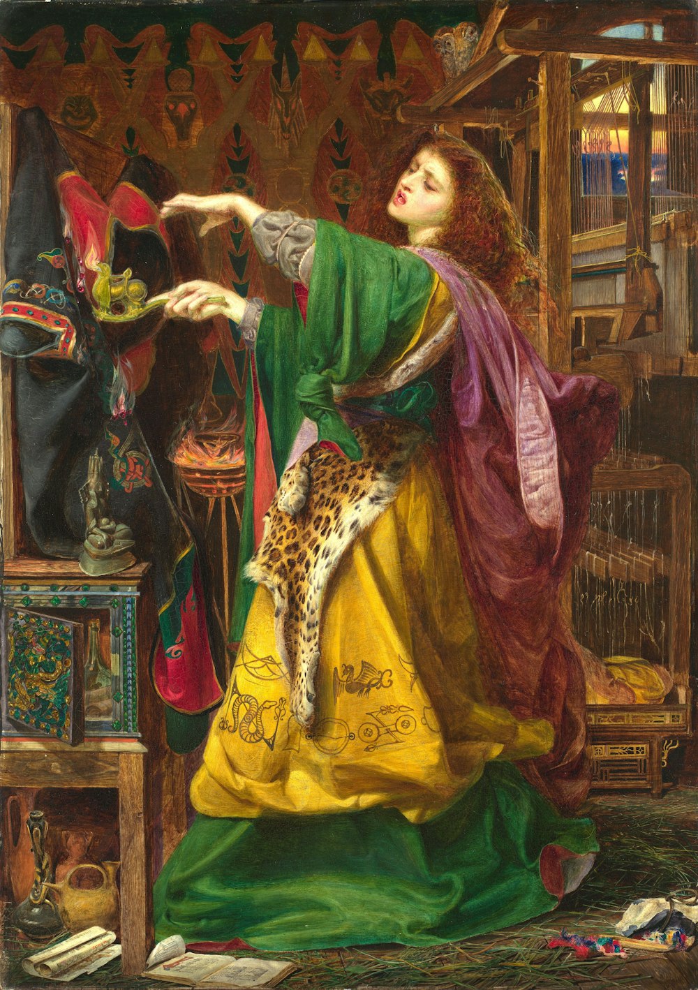 mujer con pintura de vestido verde y amarillo