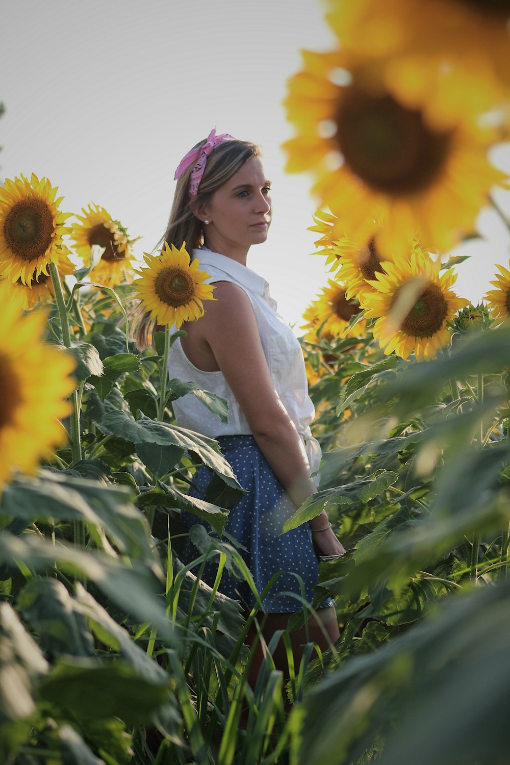 woman standing in between sunflowers