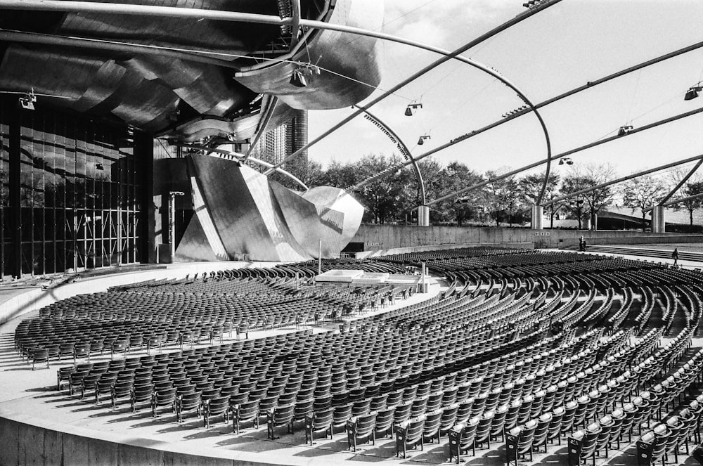 grayscale photography of stadium Jay Pritzker Pavilion in Chicago, Illinois