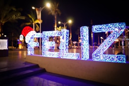 Brightly lit sign with the word 'FELIZ' is displayed against a nighttime backdrop. The letters are illuminated with blue and white lights, and the 'F' is decorated with a large red Santa hat. Streetlights and palm trees are visible in the background.