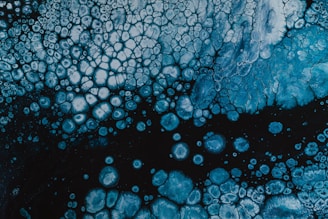 Intricate patterns of blue and white cells create an abstract, organic design. The upper portion has a concentration of cell-like structures which gradually become sparse towards the bottom.