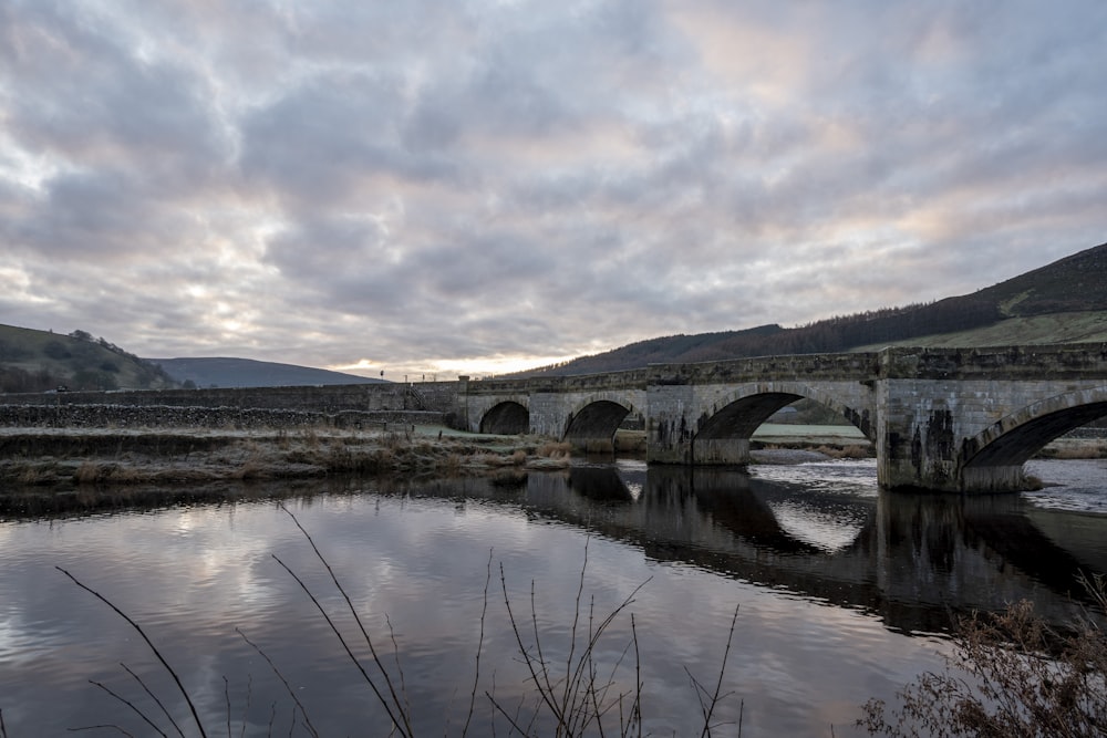 reflection of a bridge on body of water