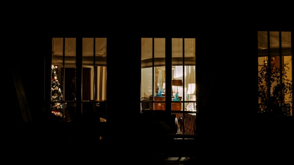 A warm, dimly lit room is visible through large glass windows. Inside, a decorated Christmas tree glows with lights and ornaments next to cozy furniture. The wooden interior suggests a welcoming and intimate atmosphere.