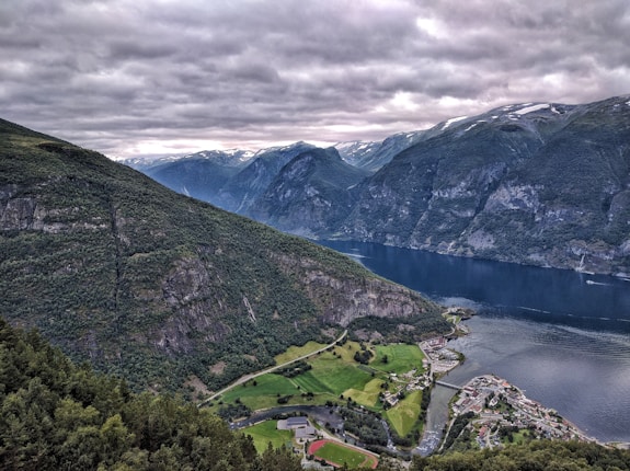 A scenic view of a deep blue fjord surrounded by steep, green mountains under a cloudy sky. In the foreground, a small village with fields and roads can be seen along the water's edge. Snow-capped mountains are visible in the distance.