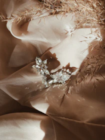 A pair of delicate diamond earrings sparkling under warm lighting on a rustic wooden table.