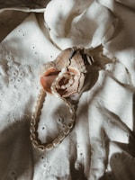 A necklace of pearls is artfully draped over a seashell resting on a textured, white, embroidered fabric. The scene is softly lit, creating gentle shadows and highlights that emphasize the elegance and simplicity of the composition.