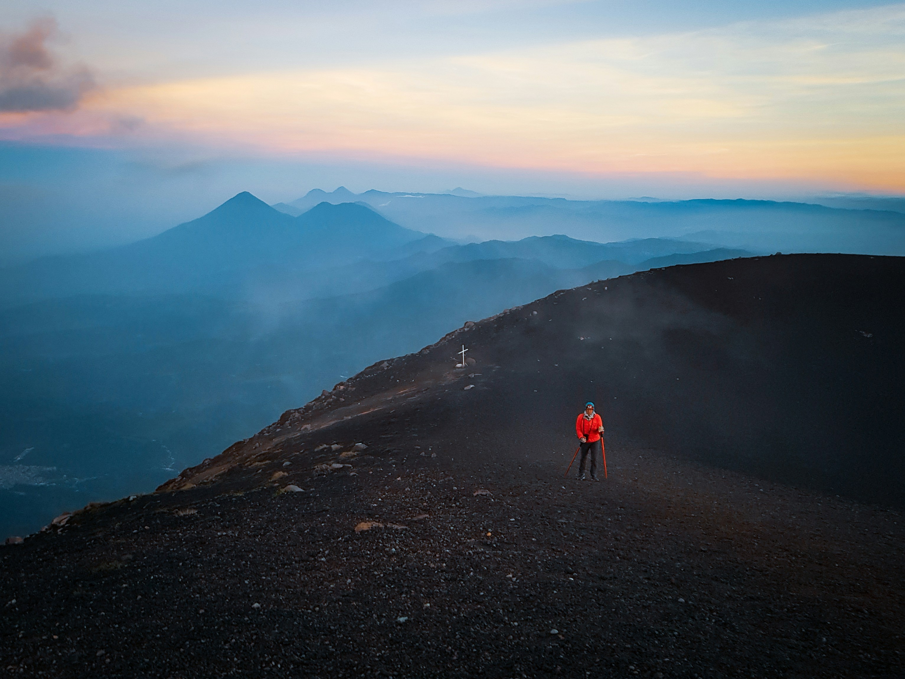 Sunrise on the peak of Acatenango vulcano in Guatemala.