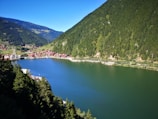 A serene lake surrounded by dense green forests and mountains. Small red-roofed buildings cluster near the shore, and a white mosque with twin minarets stands out among them. The sky above is clear and blue, and the overall scene is peaceful and naturally vibrant.