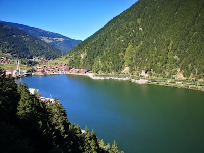 A serene lake surrounded by dense green forests and mountains. Small red-roofed buildings cluster near the shore, and a white mosque with twin minarets stands out among them. The sky above is clear and blue, and the overall scene is peaceful and naturally vibrant.