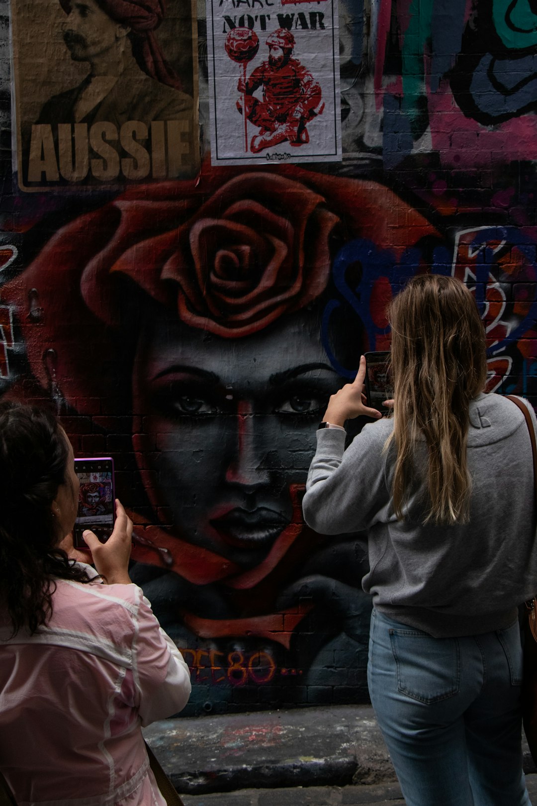 woman wearing gray pullover taking photo of graffiti wall art